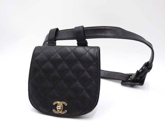 CHANEL CC Matelasse Waist Belt Bag Caviarskin Leather Black Gold Hardware