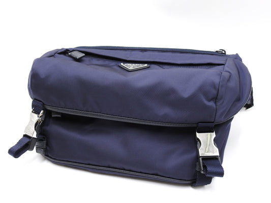 PRADA Re-Nylon SAFFIANO Leather Shoulder Bag Navy Silver 2VH994