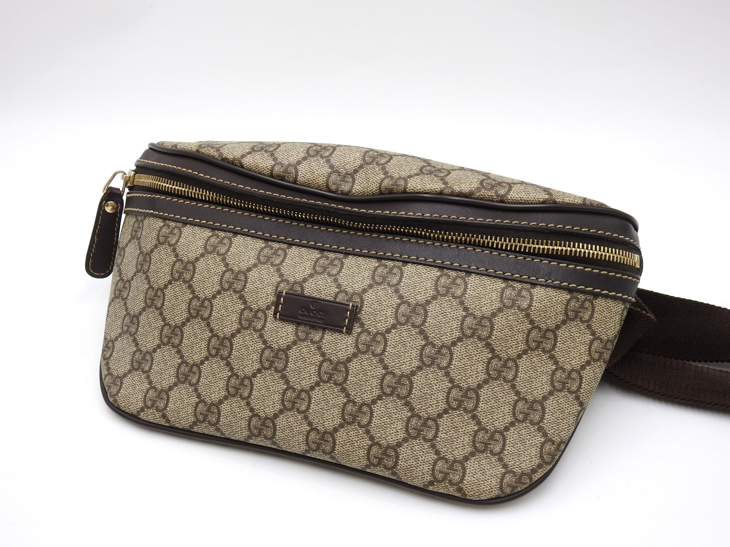 GUCCI GG Supreme Waist Body Belt Bag PVC Leather Beige Brown Gold 23326