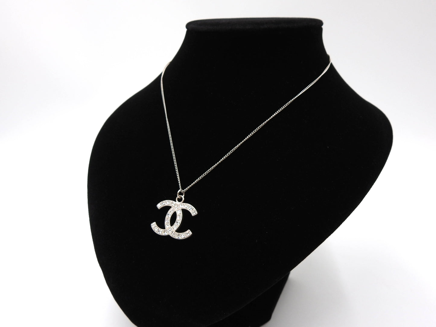CHANEL CC Rhinestone Pendant Necklace SV Silver B12P