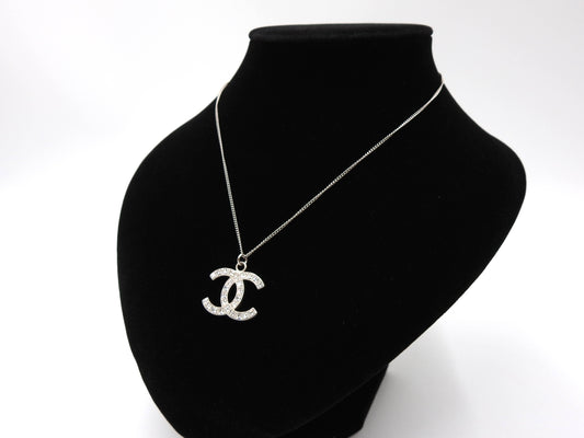 CHANEL CC Rhinestone Pendant Necklace SV Silver B12P