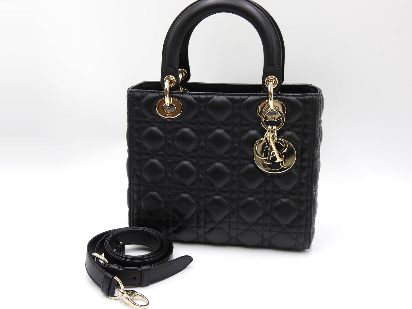 Christian Dior Lady Dior Medium Canage Hand Shoulder Bag Lambskin Black