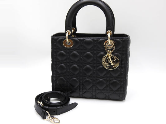 Christian Dior Lady Dior Medium Canage Hand Shoulder Bag Lambskin Black