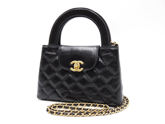 CHANEL Matelasse Nano Kelly Chain Shoulder Hand Bag Calfskin Black AP3435