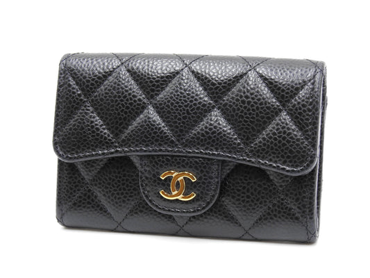 CHANEL CC Matelasse Card Case Holder Caviarskin Black Gold AP0214