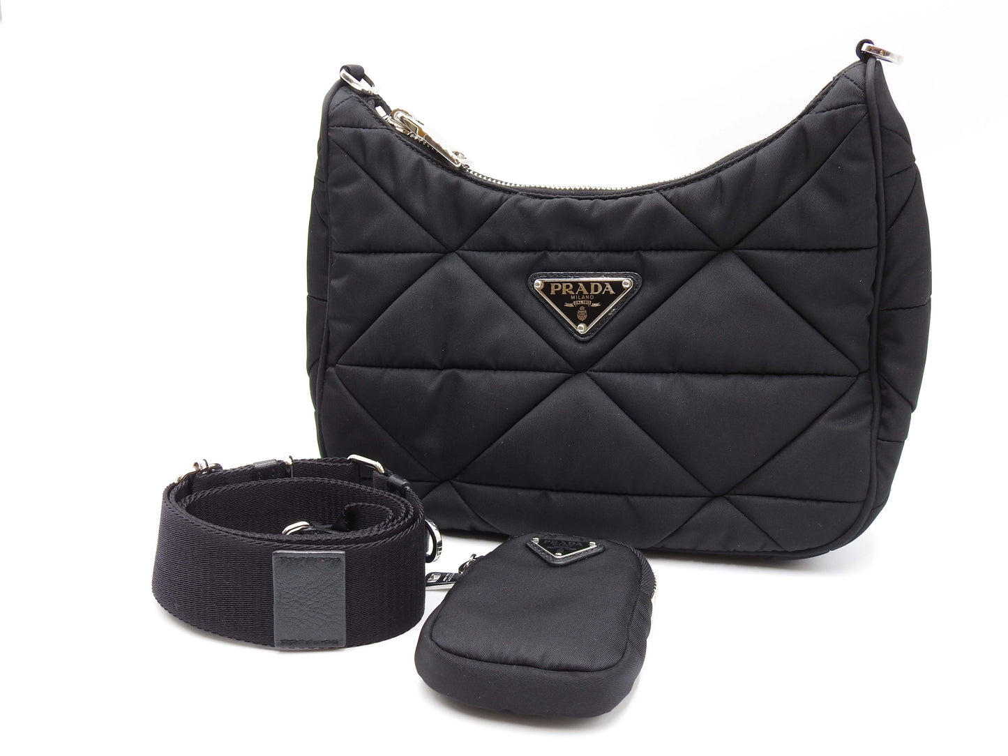 PRADA Padded Quilting Re-Nylon Crossbody Shoulder Bag Black 1BC151