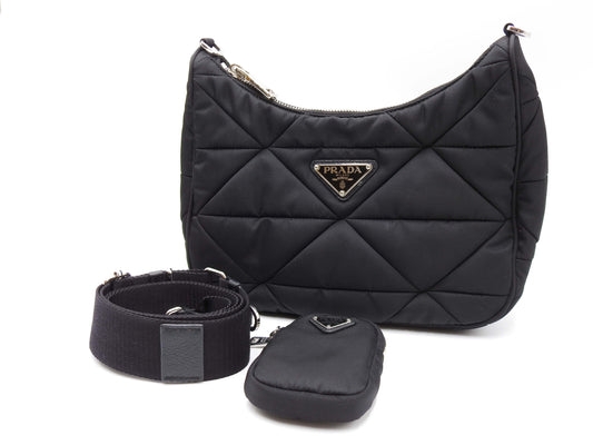PRADA Padded Quilting Re-Nylon Crossbody Shoulder Bag Black 1BC151