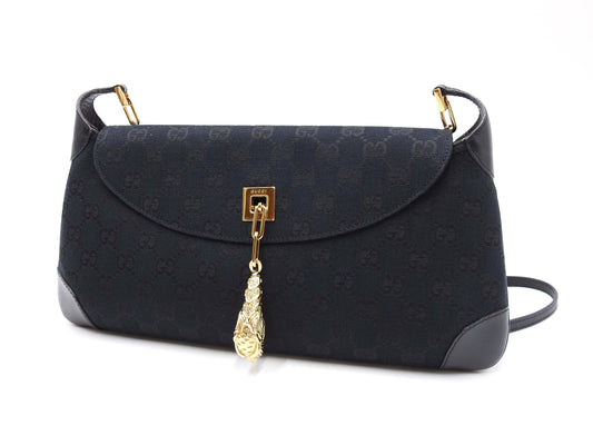 GUCCI GG Canvas Tiger Head Shoulder Bag Black Gold Hardware 001.4113