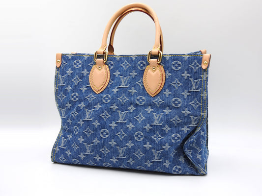 LOUIS VUITTON LV Remix Monogram Denim Onthego MM Shoulder Bag Blue M46871