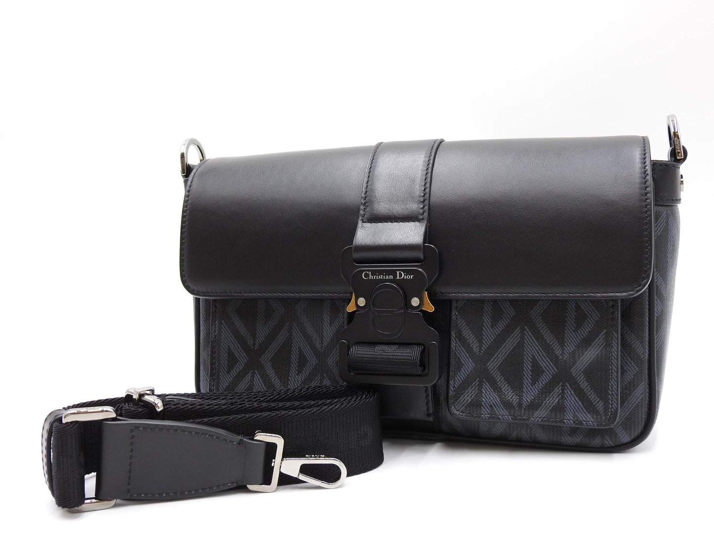 Christian Dior HIT THE ROAD CD Diamond Shoulder Bag PVC Leather Black