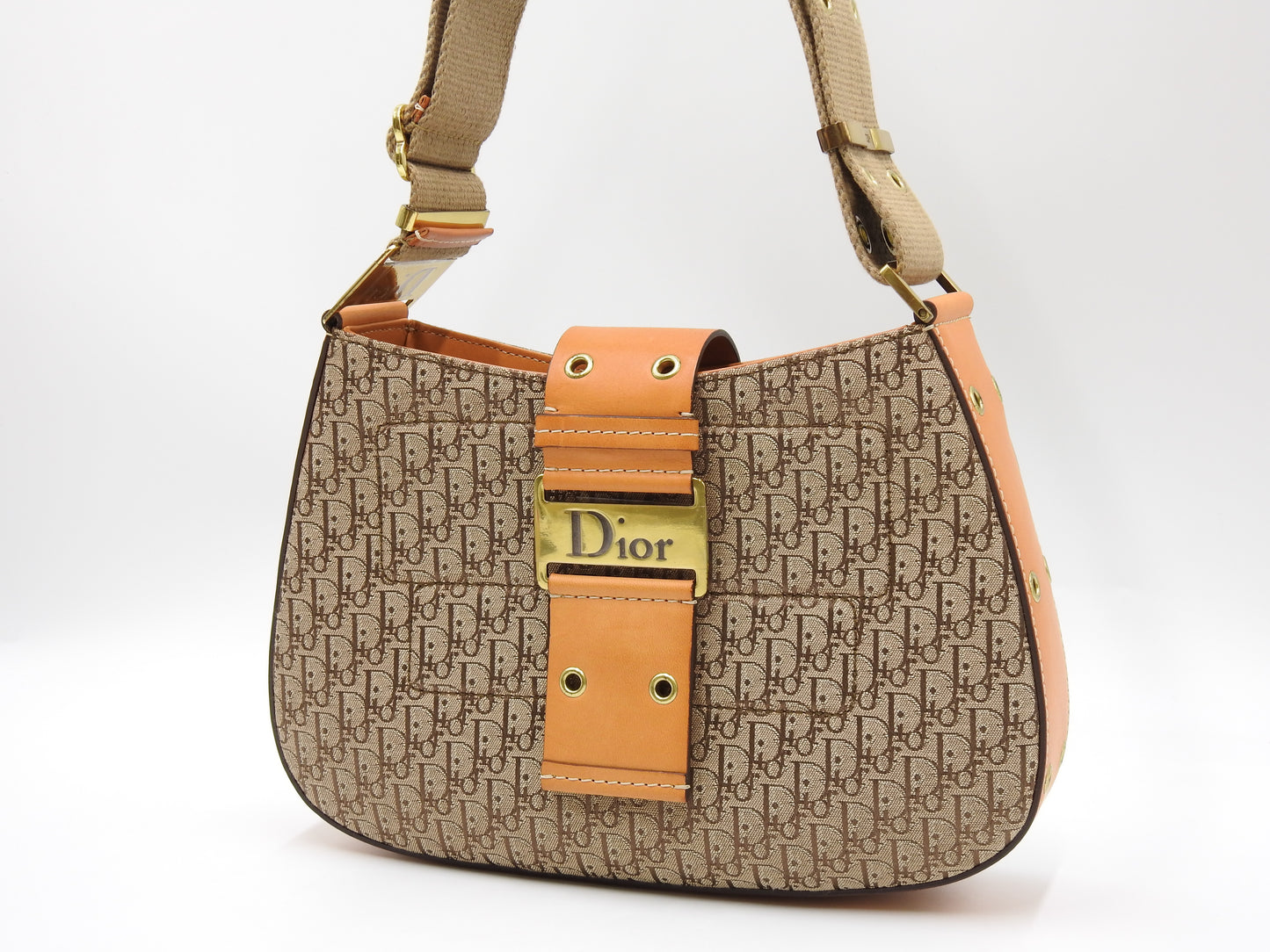 Christian Dior Trotter Street Chic Shoulder Bag Canvas Leather Beige