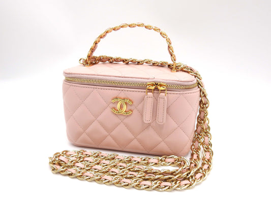 CHANEL CC Matelasse Top Handle 2way Small Chain Vanity Bag Lambskin Pink