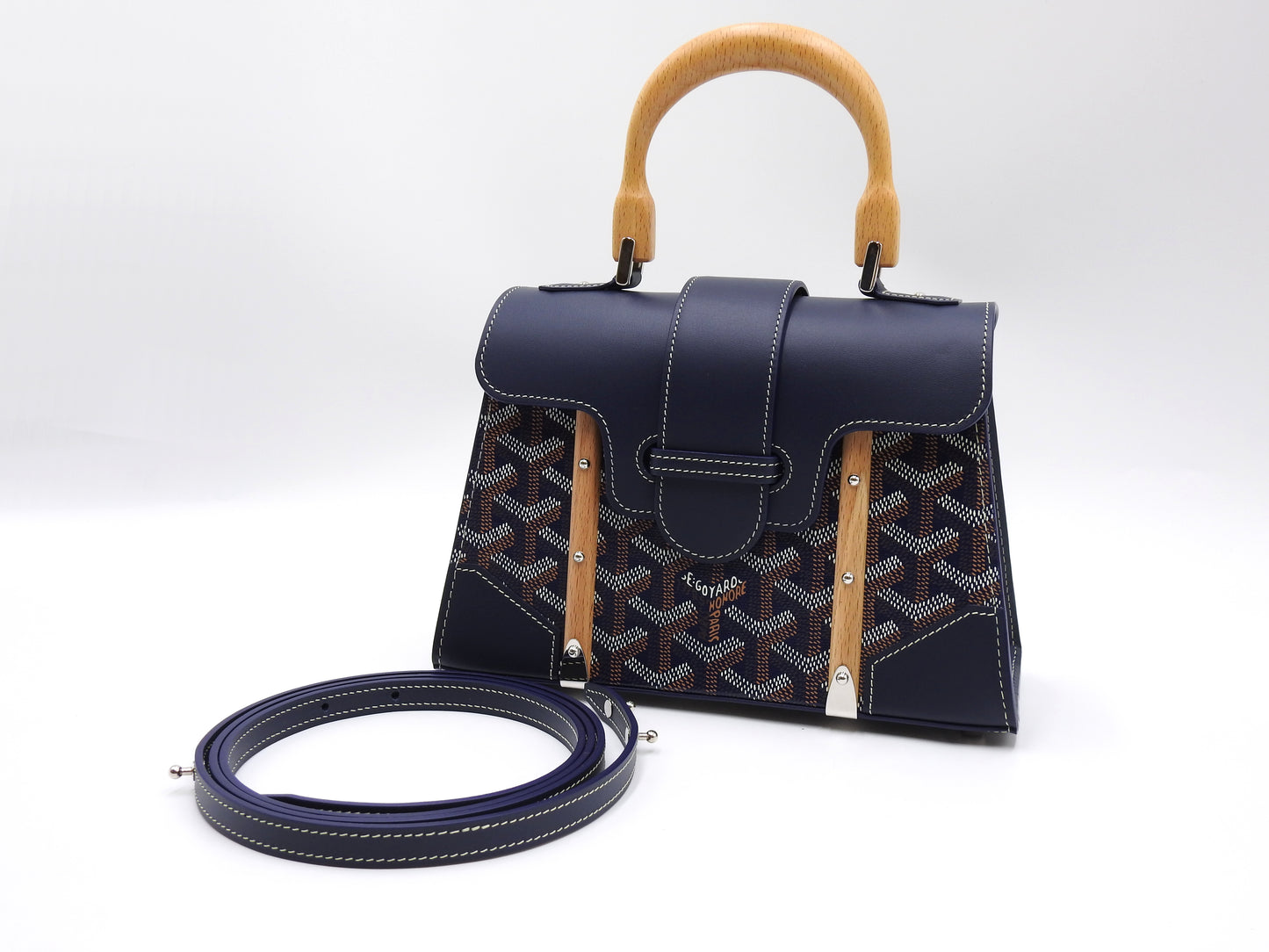 GOYARD Saigon Mini Structure Hand Shoulder Bag PVC Canvas Leather Navy