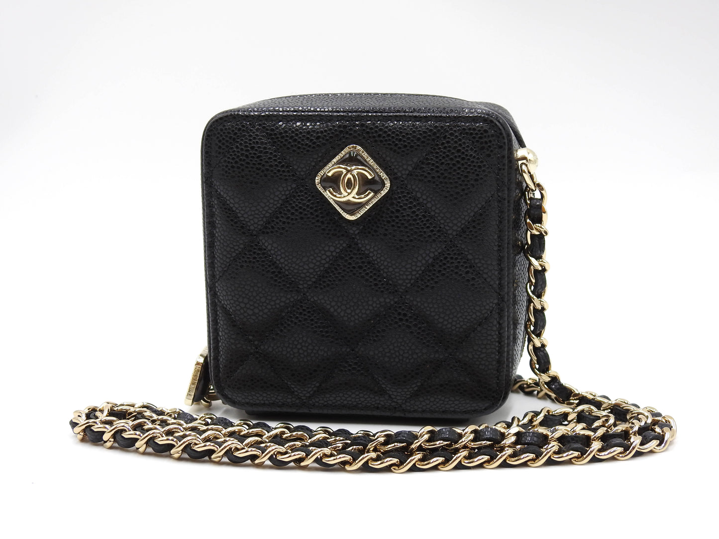 CHANEL CC Matelasse Chain Clutch Shoulder Bag Caviarskin Black Gold AP2852