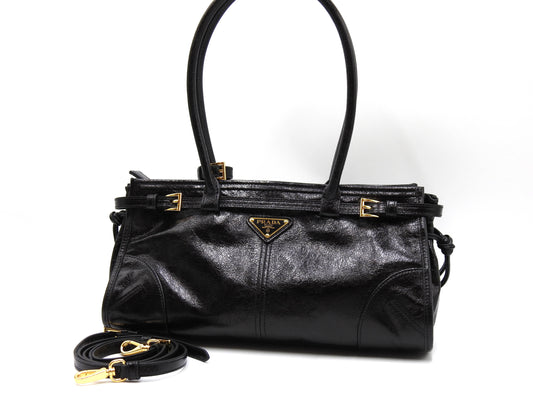 PRADA Bonnie Medium 2way Shoulder Hand Bag Leather Black Gold 1BA426