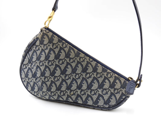 Christian Dior Trotter Saddle Pouch Shoulder Hand Bag Canvas Leather Navy