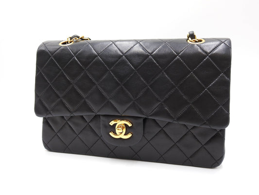 CHANEL Matelasse 25 Double Flap Chain Shoulder Bag Lambskin Black A01112