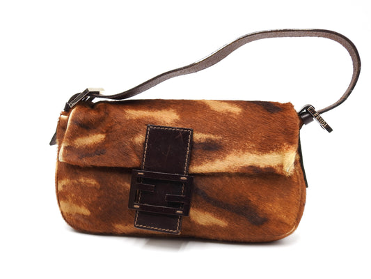 FENDI Leopard Mamma Baguette Shoulder Hand Bag Leather Brown Silver