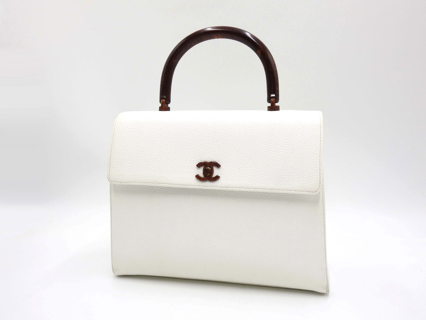 CHANEL CC Kelly Flap Wood Hand Bag Caviarskin Leather White