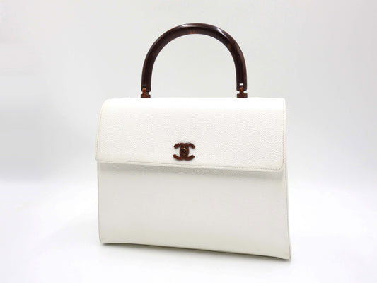 CHANEL CC Kelly Flap Wood Hand Bag Caviarskin Leather White