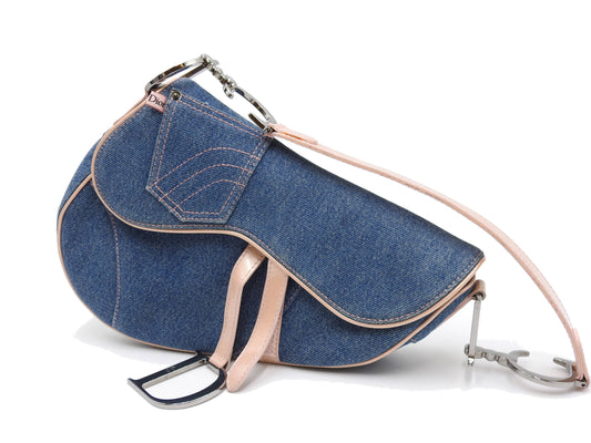 Christian Dior Saddle Bag Shoulder Hand Bag Denim Patent Leather Blue PInk