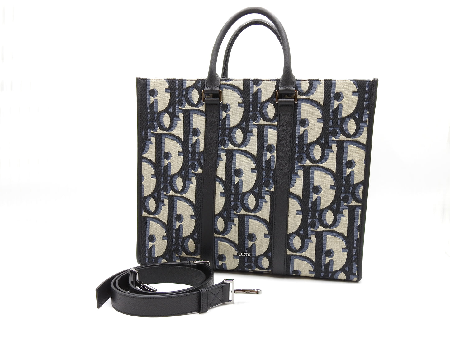 Christian Dior Oblique East Wast Tote Bag Maxi Jacquard Canvas Navy Black