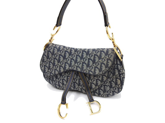 Christian Dior Trotter Oblique W Saddle Bag Shoulder Hand Bag Canvas Navy