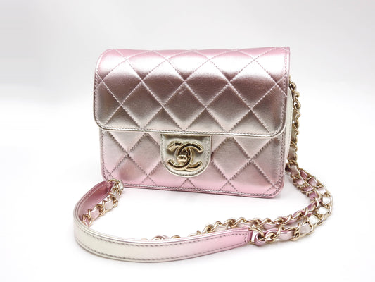 CHANEL Mini Flap Chain Shoulder Bag Lambskin Metallic Silver Pink AS3002