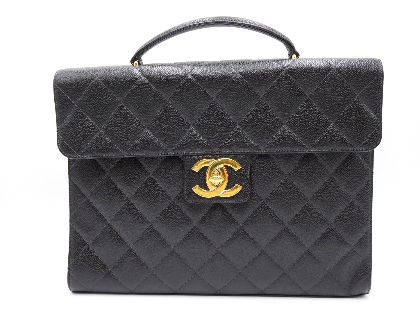 CHANEL CC Matelasse Briefcase Business Bag Caviarskin Leather Black Gold