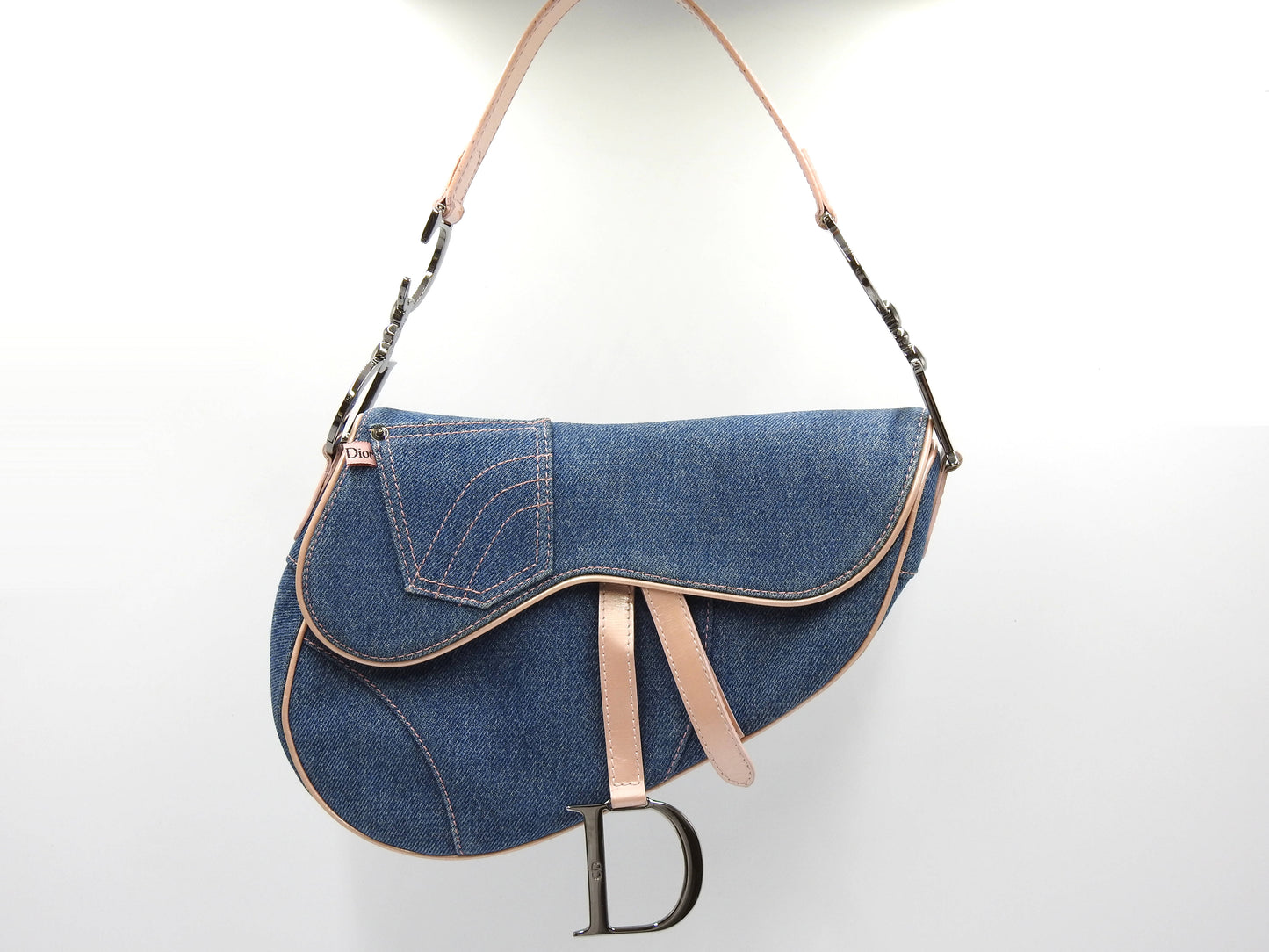 Christian Dior Saddle Bag Shoulder Hand Bag Denim Patent Leather Blue PInk