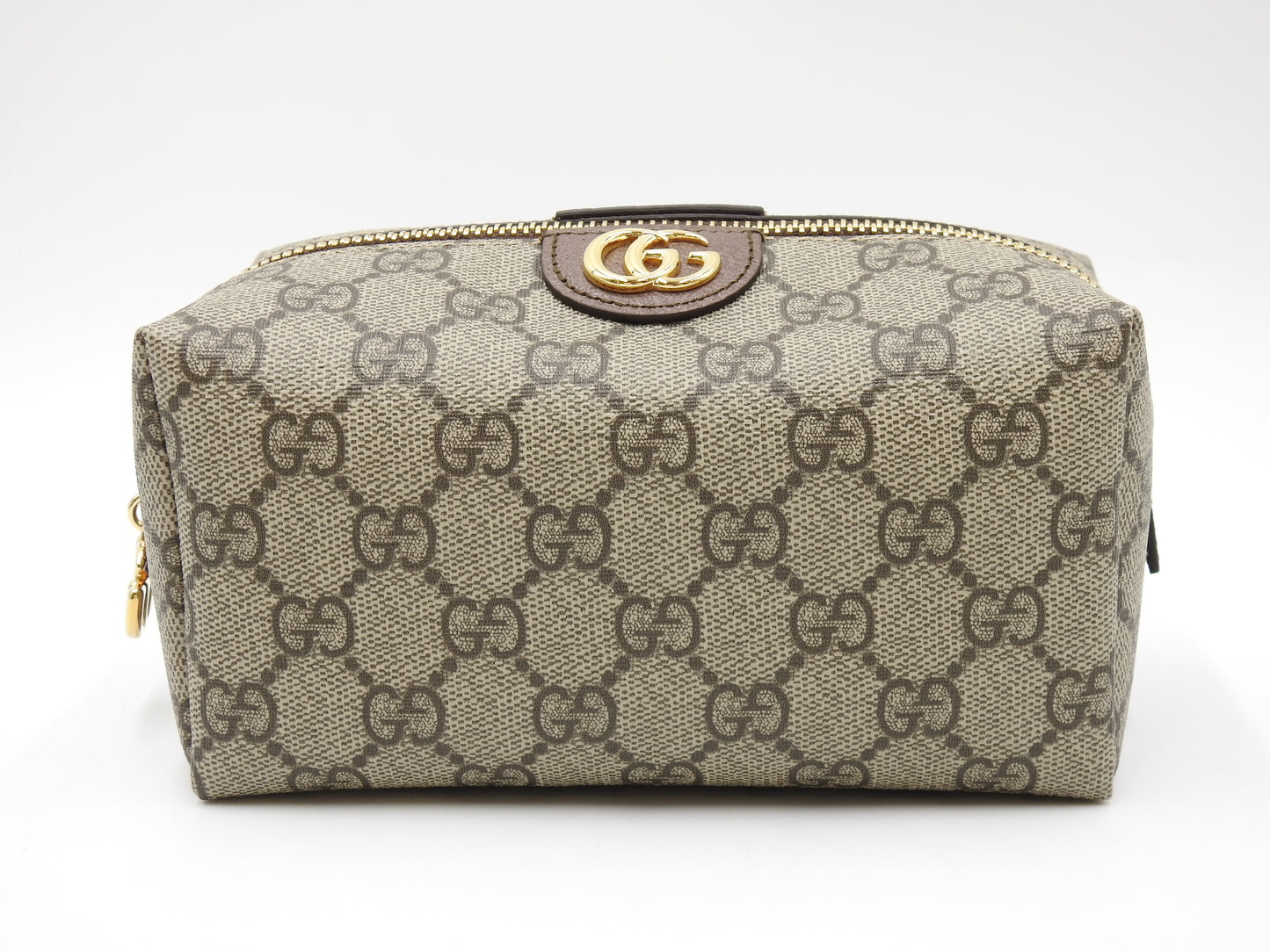 GUCCI GG Supreme Cosmetic Pouch PVC Leather Beige Brown Green 548393