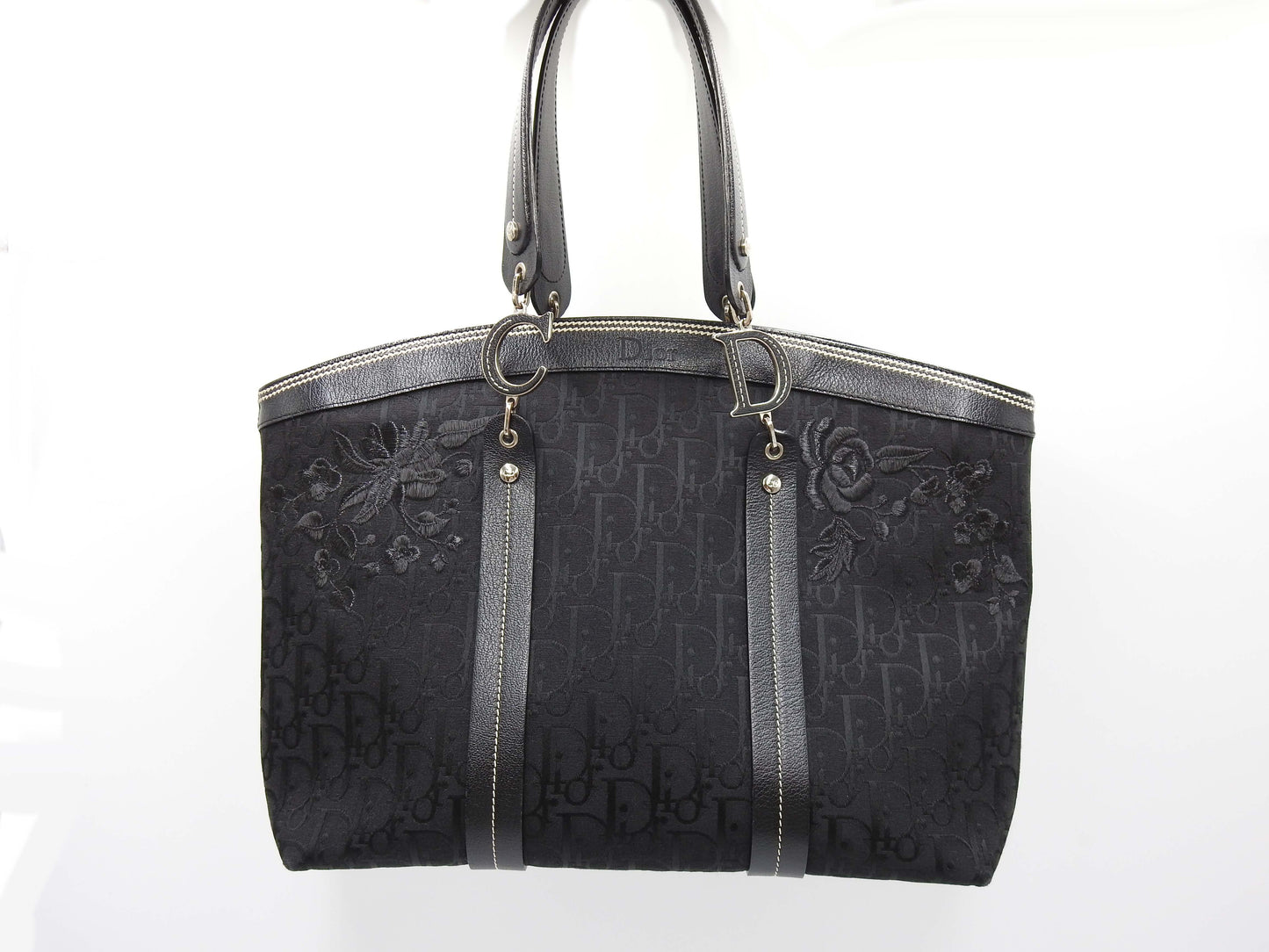 Christian Dior Trotter Flower Embroidery Shoulder Hand Bag Canvas Black