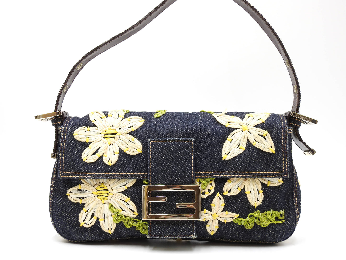 FENDI Denim Mamma Baguette Shoulder Hand Bag Flower Embroidered Navy