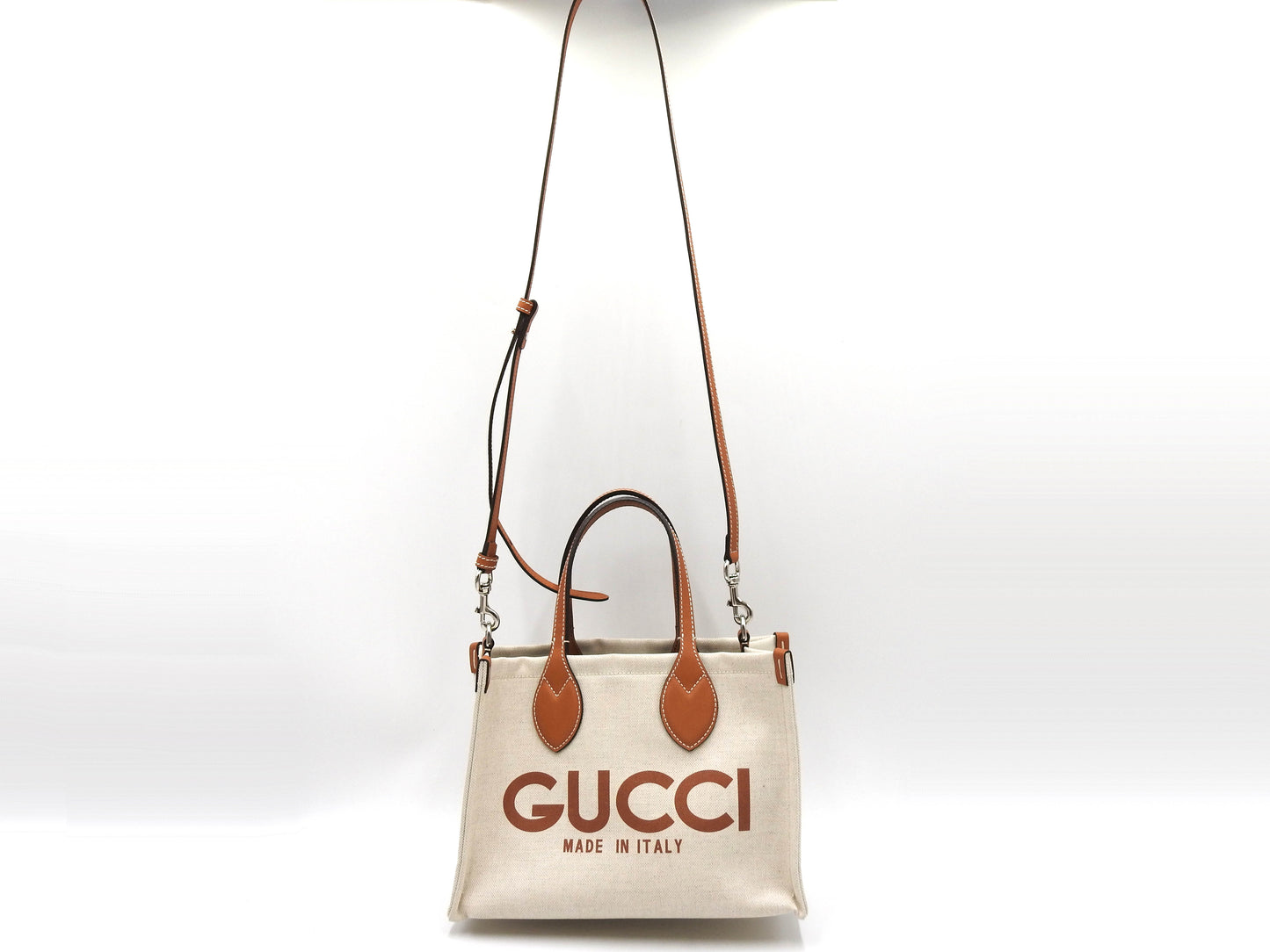 GUCCI Logo Print Medium 2way Shoulder Tote Bag Canvas Beige Brown 772144