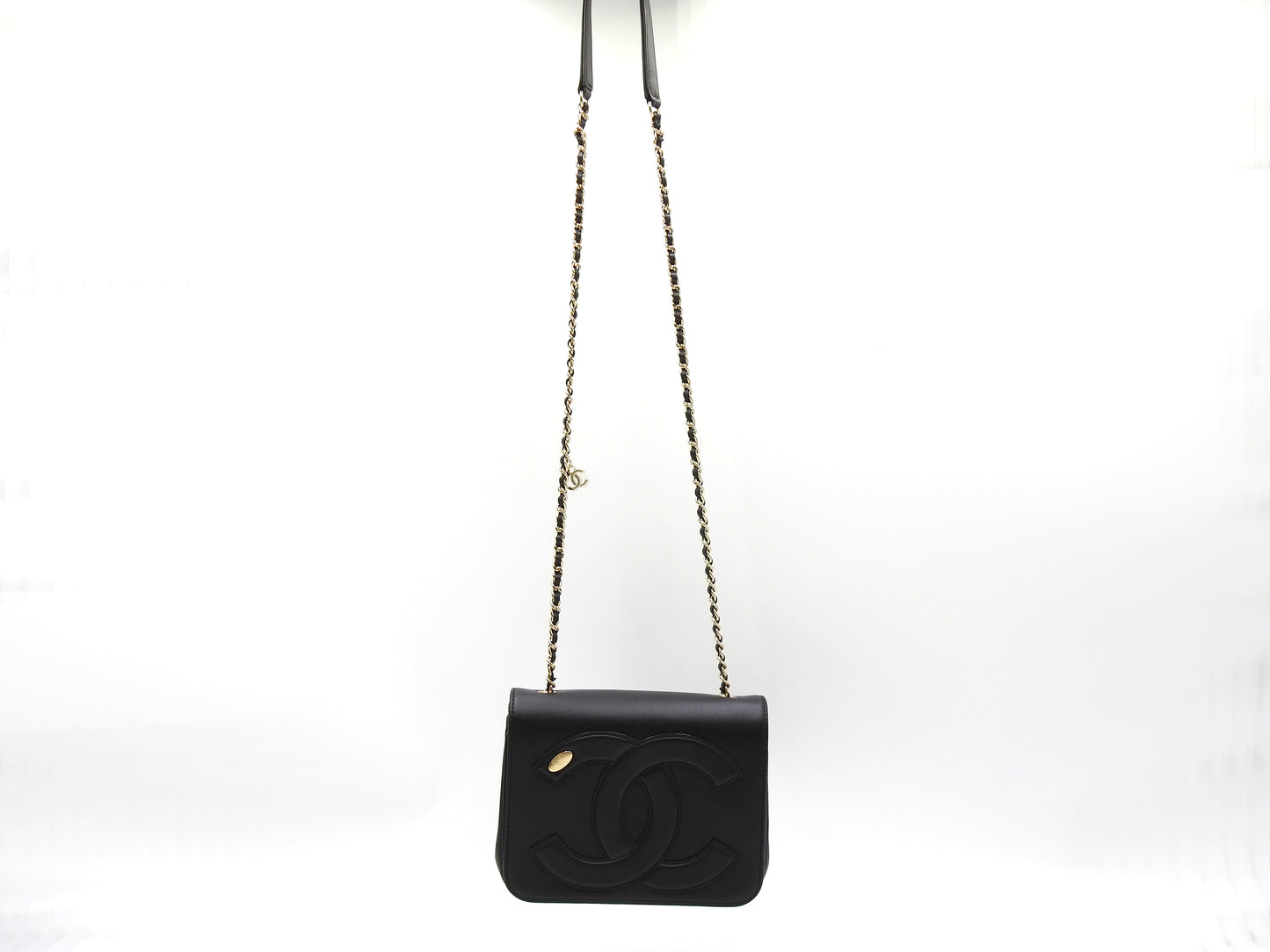 CHANEL CC Mania Chain Shoulder Bag Calfskin Leather Black Gold AS0321