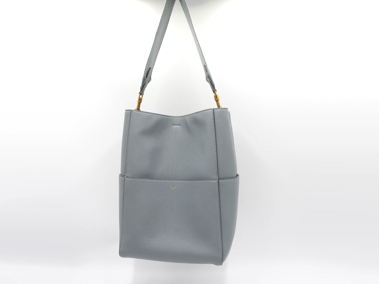 CELINE Medium Sangle Bucket Shoulder Bag Grained Calfskin Gray Blue 189593