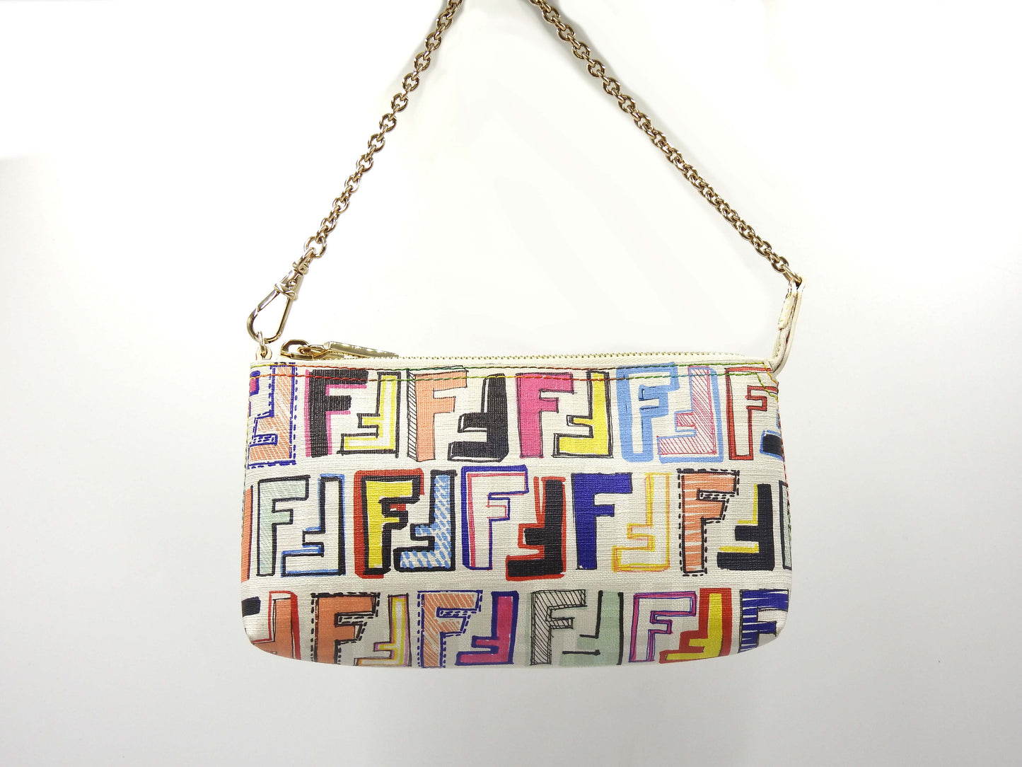 FENDI Zucca Chain Bag Pochette Accessories Cosmetic Pouch White 8BR592
