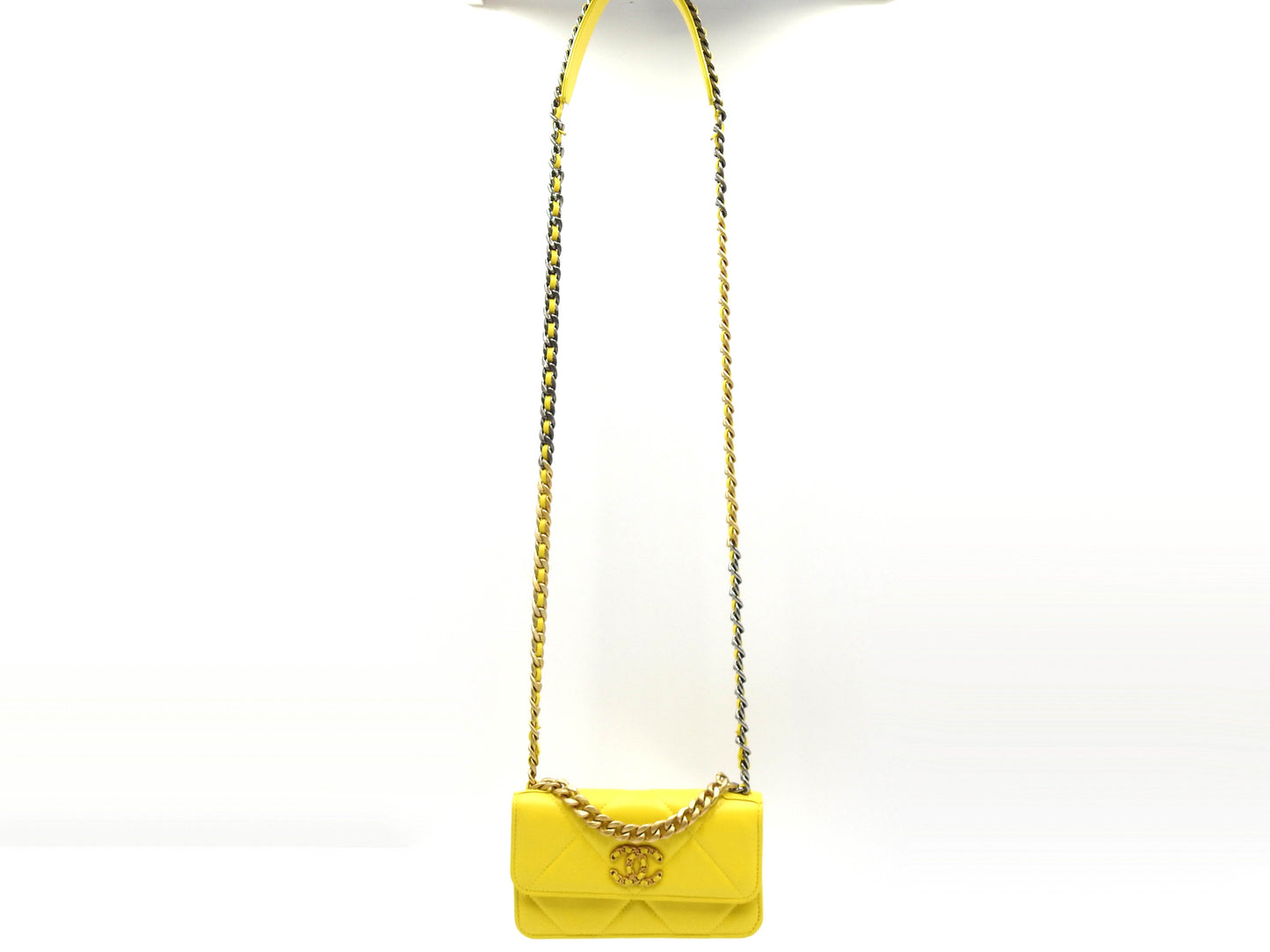 CHANEL 19 CC Matelasse Phone Holder Chain Shoulder Bag Lambskin Yellow