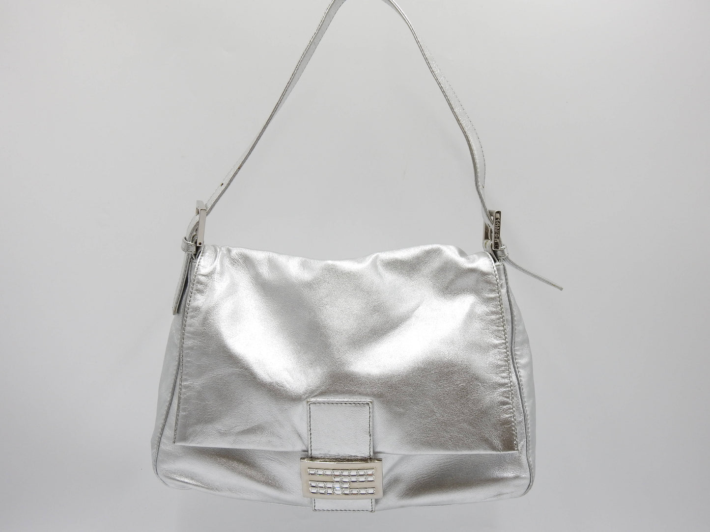 FENDI Mamma Baguette Shoulder Hand Bag Leather Rhinestone Silver