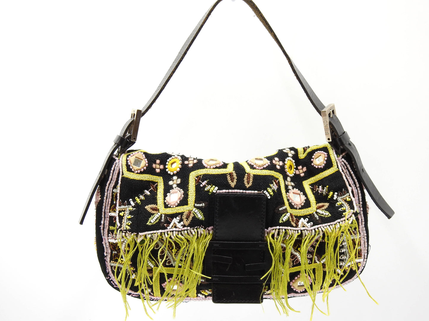 FENDI Mamma Baguette Shoulder Hand Bag Embroidered Beaded Fringe Black