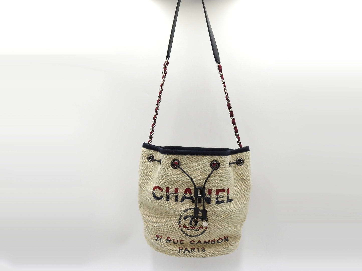 CHANEL Deauville Drawstring Chain Shoulder Bag Canvas Beige
