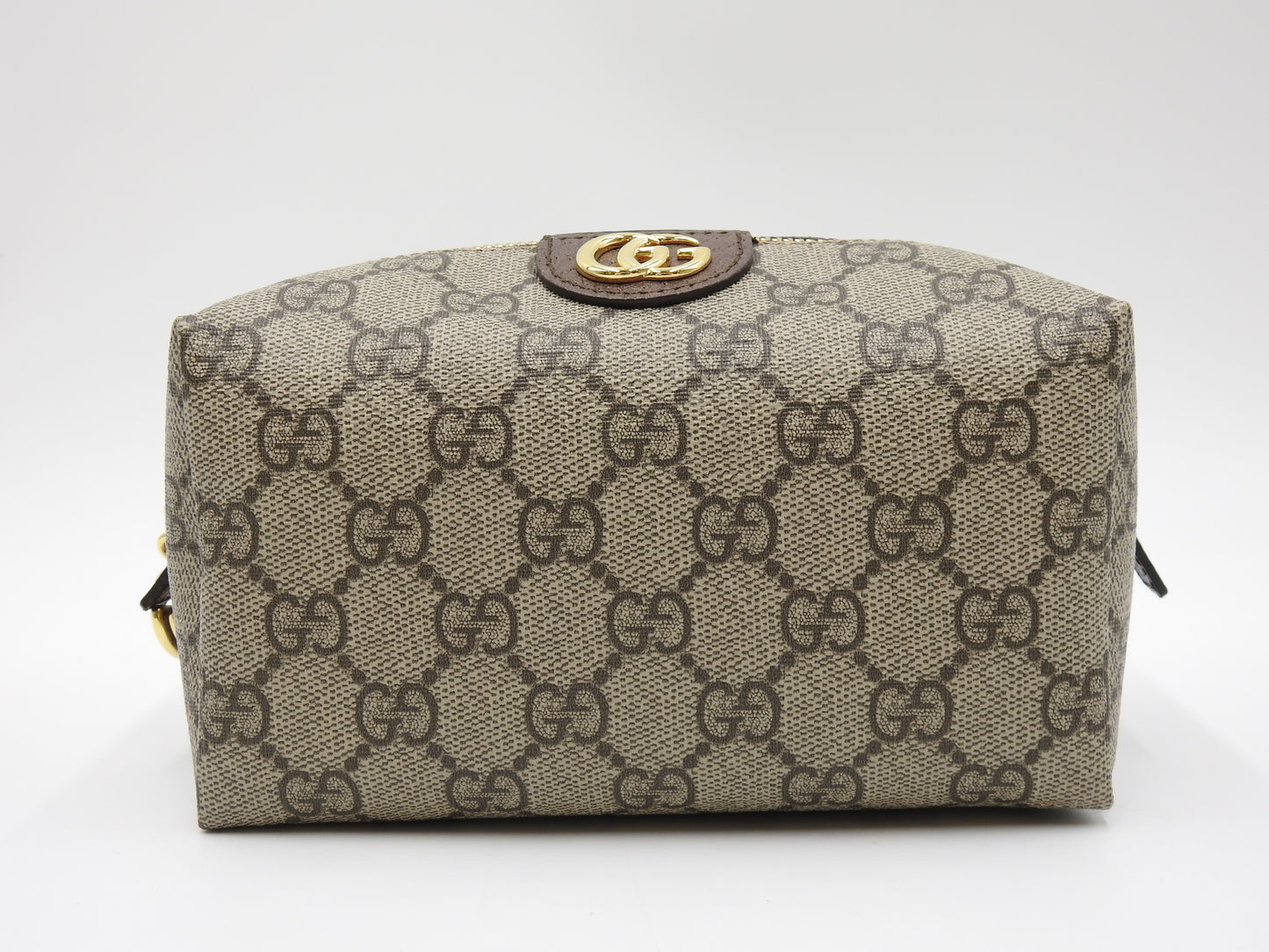 GUCCI GG Supreme Cosmetic Pouch PVC Leather Beige Brown Green 548393