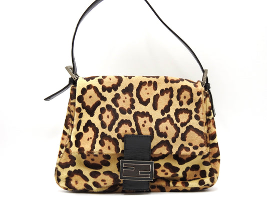 FENDI Leopard Mamma Baguette Shoulder Hand Bag Leather Brown Silver