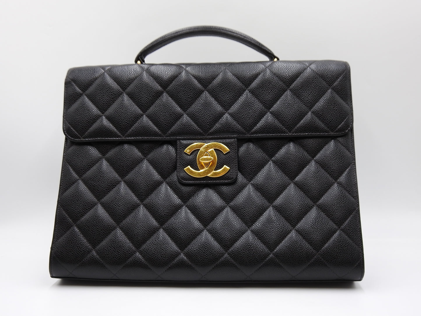 CHANEL CC Matelasse Briefcase Business Bag Caviarskin Leather Black Gold