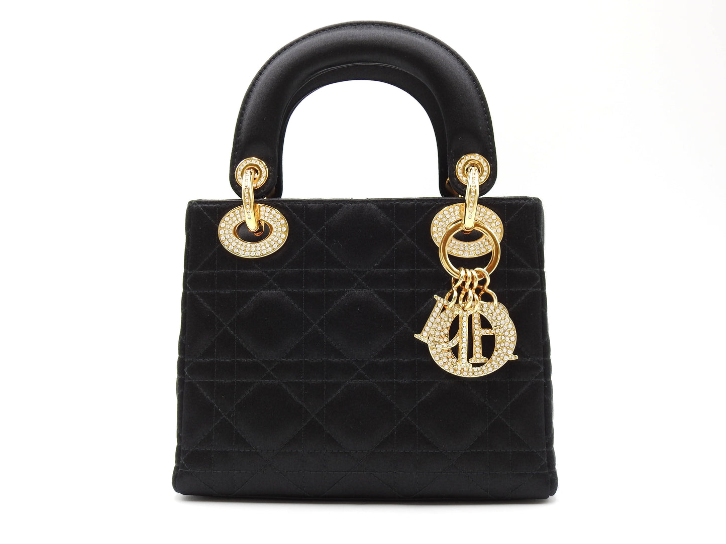 Christian Dior Lady Dior Mini Cannage Hand Bag Satin Crystal Black Gold