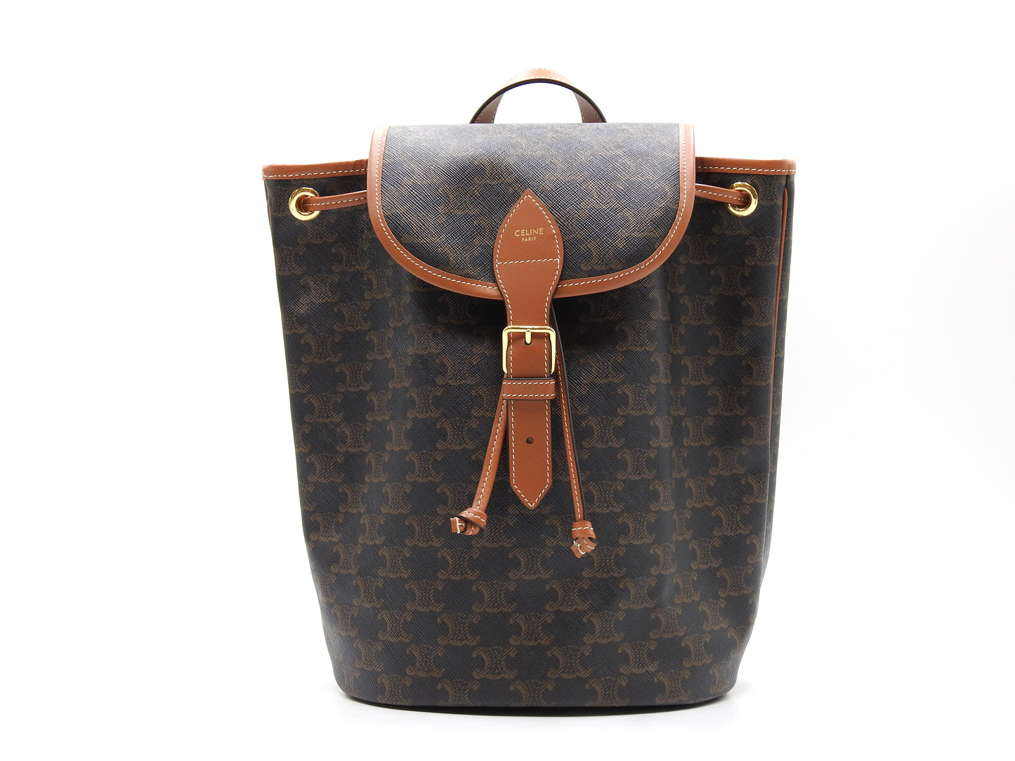 CELINE Triomph Folco Medium Backpack Bag PVC Canvas Tan Dark Brwon 197662