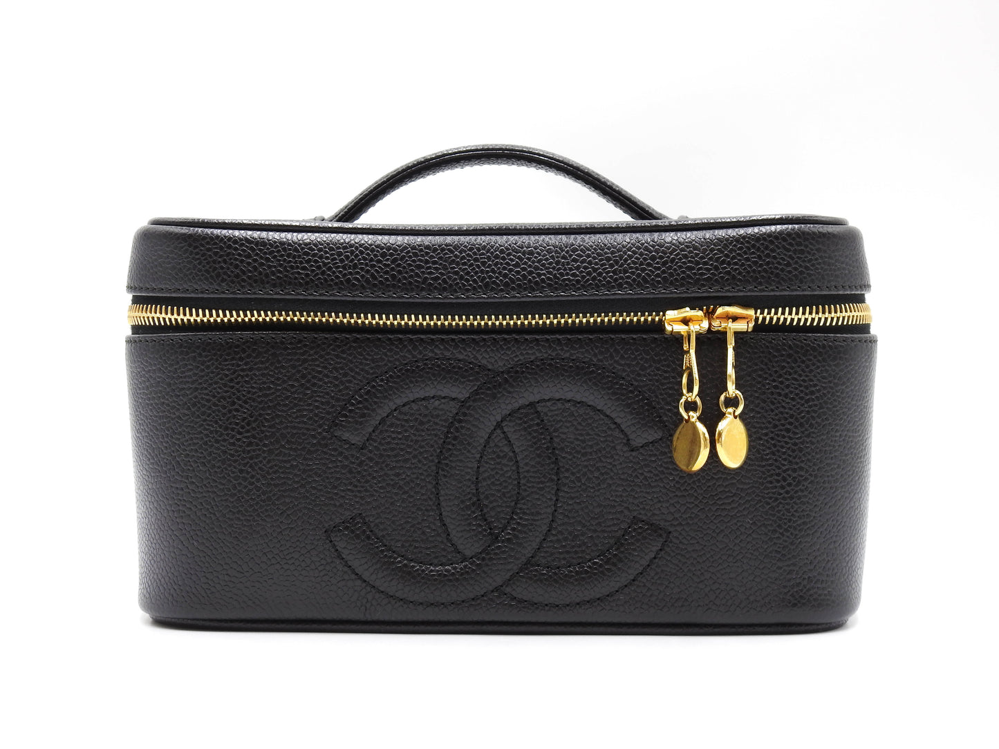 CHANEL CC Vanity Bag Cosmetic Pouch Caviarskin Leather Black Gold A08090