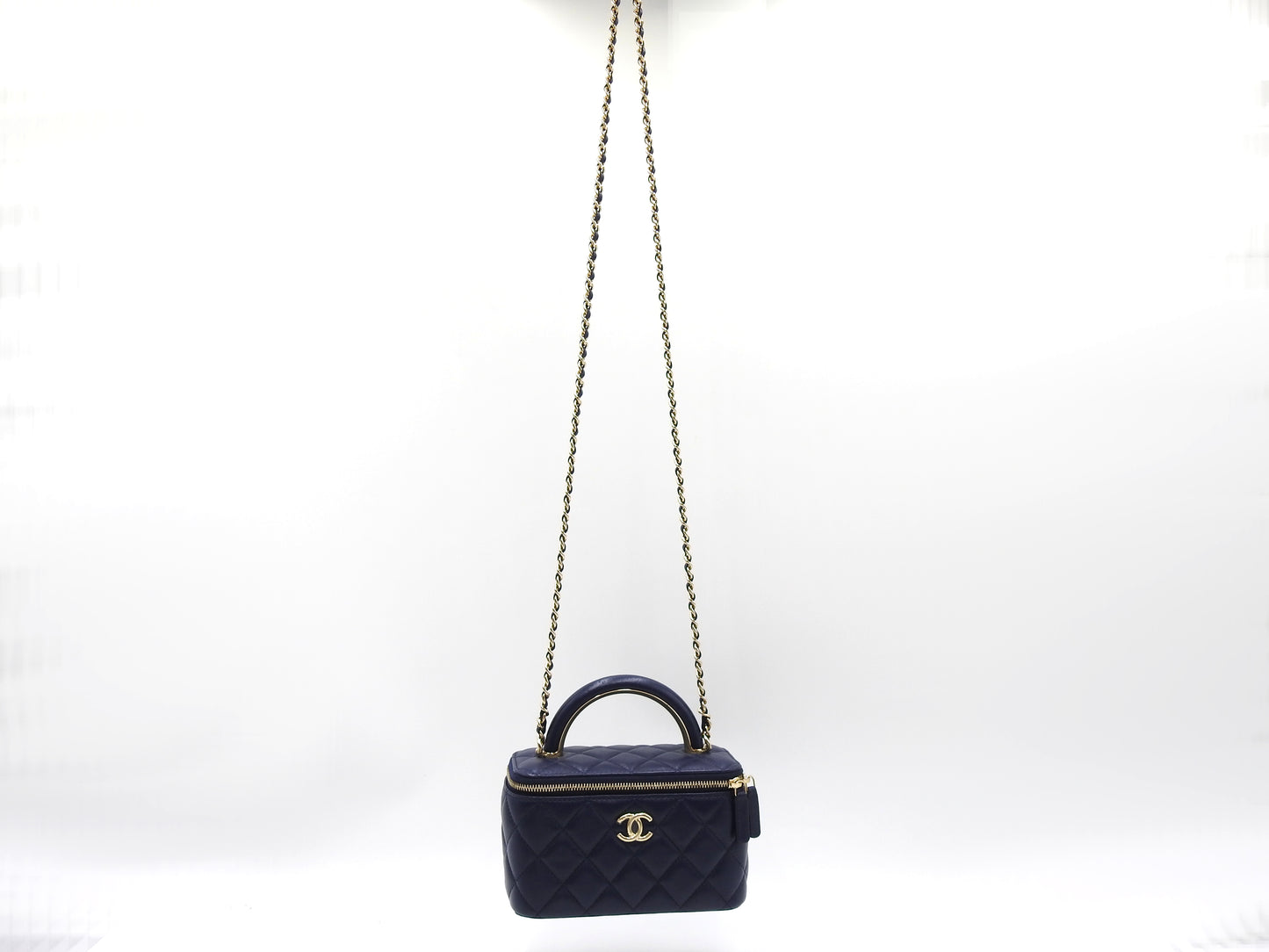 CHANEL CC Matelasse Top Handle 2way Chain Vanity Bag Lambskin Navy Gold