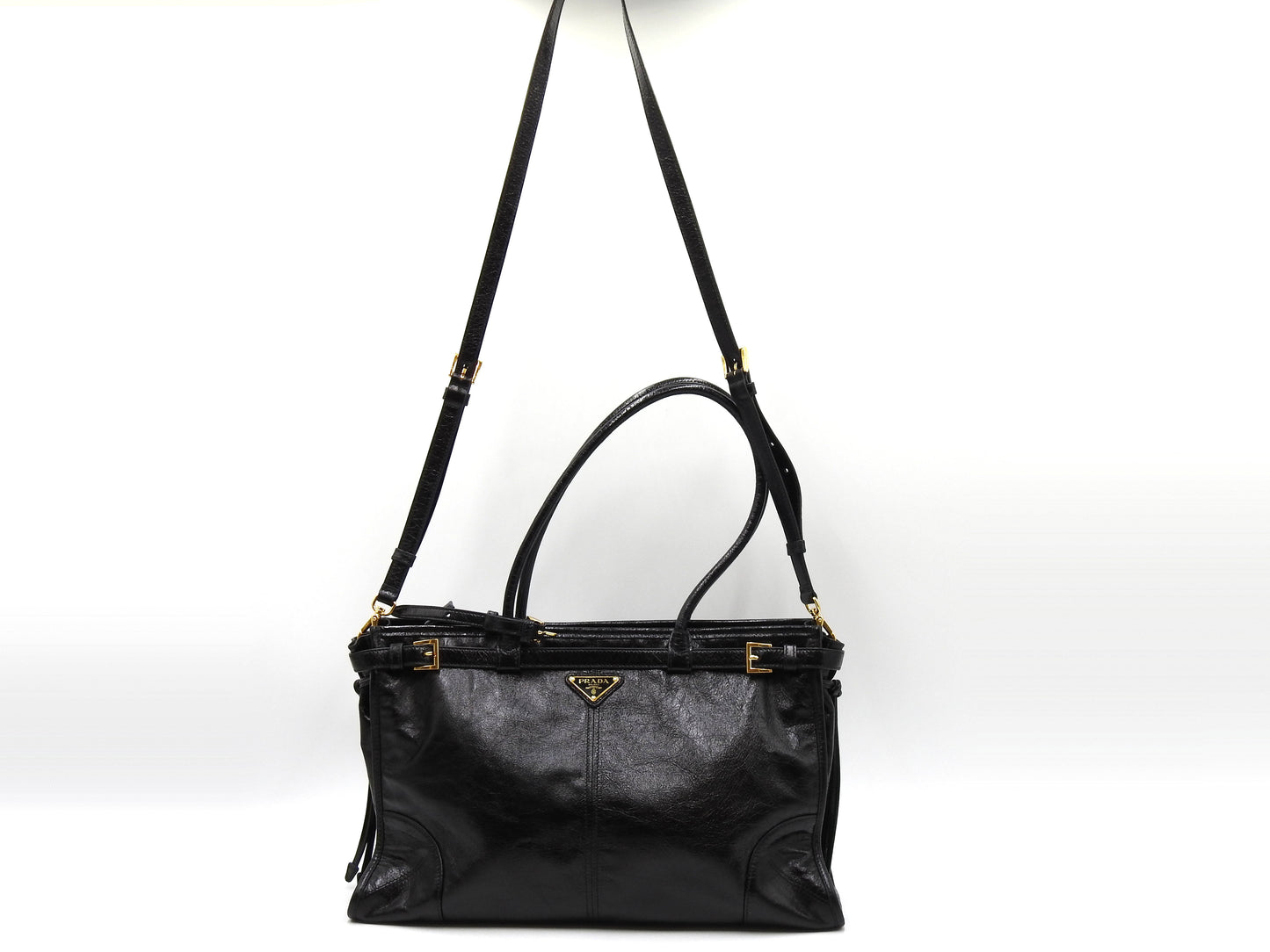 PRADA Bonnie Large 2way Shoulder Hand Bag Leather Black Gold Metal 1BA433