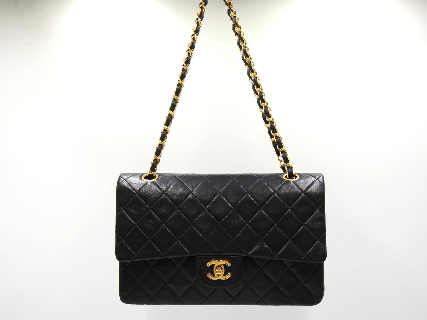 CHANEL Matelasse 25 Double Flap Chain Shoulder Bag Lambskin Black A01112